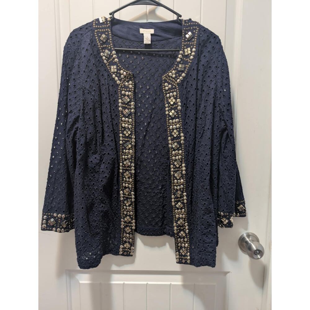 CHICO's Embellished Jacket Navy Size 3 Midnight Eyelet 3/4 Sleeve Beads MSRP$139